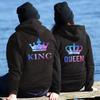 Couples winter king and queen fashion casual sports loose printed fleece warm long sleeve pocket hoodie