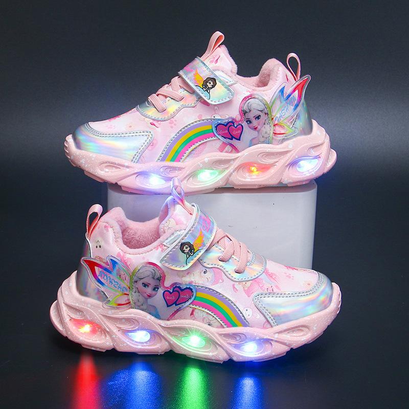 Кроссовки для девочек с подсветкой 2025 года, весна и осень, новые туфли принцессы из сетчатой кожи для маленьких девочек, мягкая подошва, детские туфли с подсветкой
