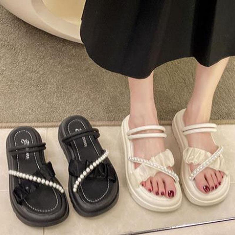 WTEMPO Pearl Sandals Fairy Style Dual Purpose and Thick Soles Heighten Mesh Flat Heels Comfortable Fashionable Casual and Versatile Slippers