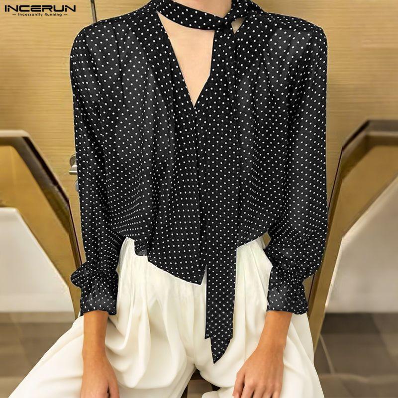 INCERUN Мужские блузки с длинным рукавом, полупрозрачные, в горошек, оверсайз, повседневные