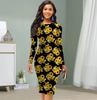 Long Sleeve Waist Tight Office Slim Fit Sunflower Printing Elegant Bodycon Dress
