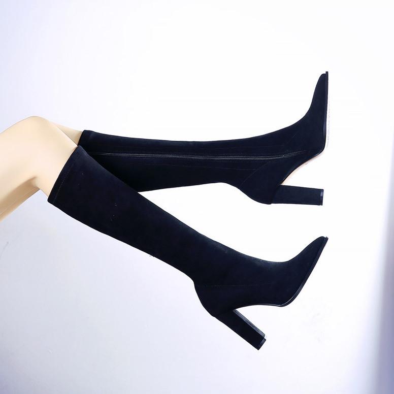 Pointed suede elastic thin boots Season women's high-heeled boots Skinny knee high boots but