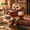 Фигурки сов для книжной полки 2 шт. Читающие фигурки из смолы, Статуэтка сидящая на краю со стаканом, Милые статуэтки животных, Камин и книга, Винтажный деревенский