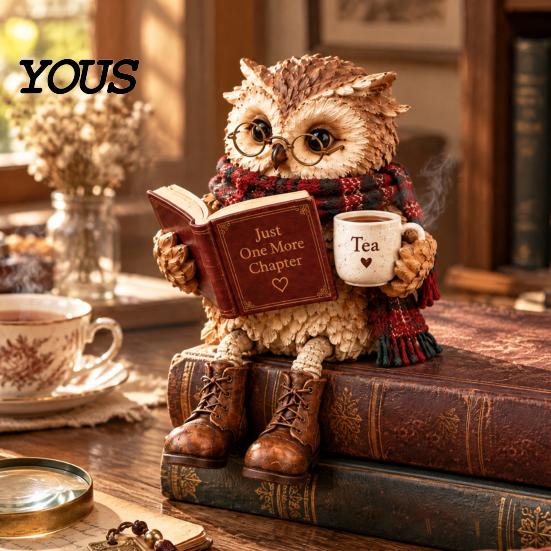 Фигурки сов для книжной полки 2 шт. Читающие фигурки из смолы, Статуэтка сидящая на краю со стаканом, Милые статуэтки животных, Камин и книга, Винтажный деревенский