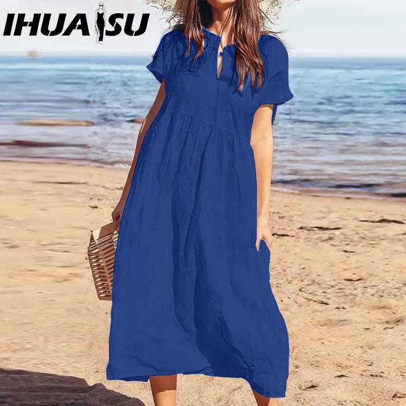 IHUASU Women's Fashion Summer Spring Solid Color Print High Waist Casual Dresses