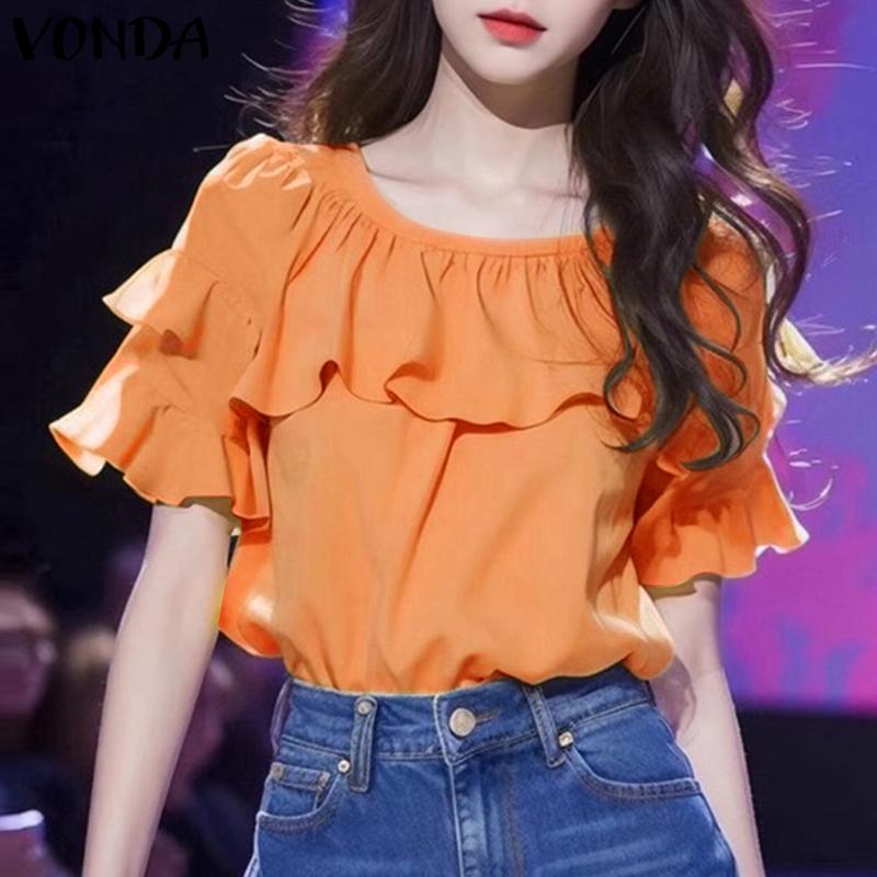 VONDA Женские летние блузки с короткими рукавами и оборками вокруг шеи