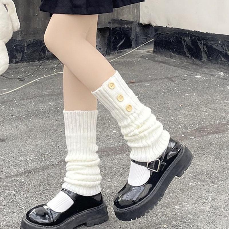 Women Vintage Button Leg Warmers New Autumn Winter Knitted Socks with Yarn White Long Tube Pile Socks JK Keep Warm Leg Warmers