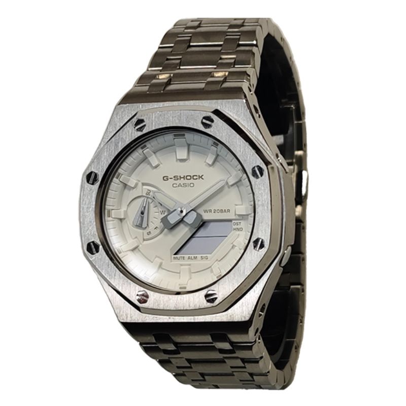 Casio Часы Custom Collection, кварцевый механизм, ремешок из нержавеющей стали, мужские часы, белый циферблат GA-2100-7A7(Watch3--)