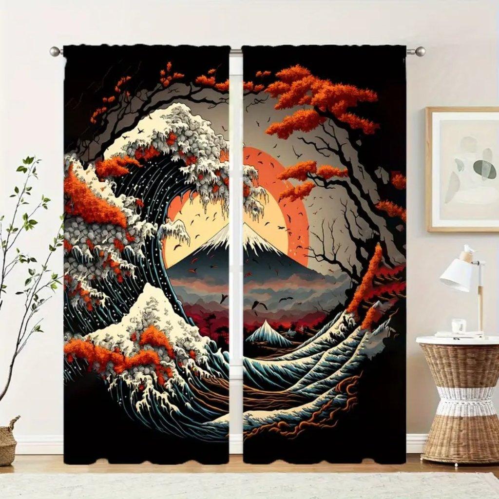 2 Pieces Japanese Mountain Print Digital Printed Curtains Polyester Material Suitable for Living Room Clothes Kitchen Kitchen