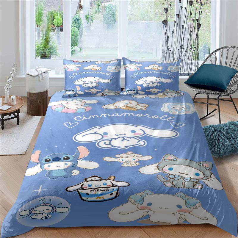 3D printed cartoon Cinnamoroll themed three-piece bedding set, including duvet cover and pillowcases, a perfect holiday gift.