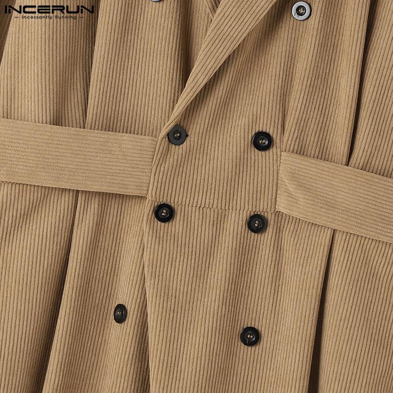 INCERUN Men Lapel V Neck Long Sleeve Corduroy Jumpsuits Buttons Long Rompers