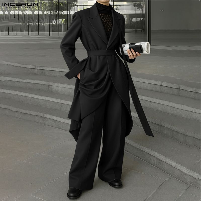 INCERUN Мужские наряды Пиковый лацкан Длинный рукав Необычный блейзер Ветровка Длинные брюки Повседневные костюмы-двойки