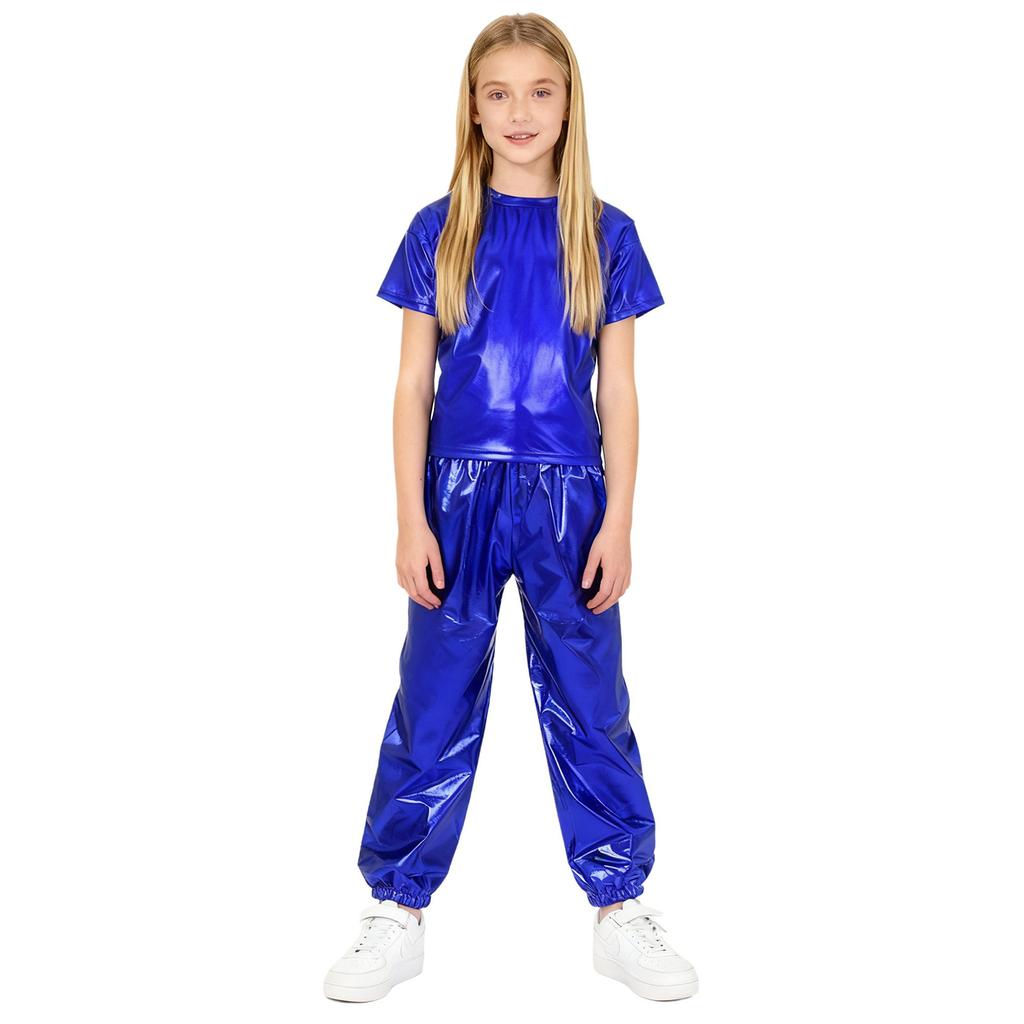 Children Stage Performance Outfit Kids Dance Party Costume Set Metallic Shiny T Shirt with Pants Unisex Ballet Jazz Wear
