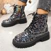 Fashion Bright Sequin Platform Ankle Boots Women Autumn Winter Waterproof Short Booties Mujer Fashion Lace Up Thick Sole Boots Plus Size