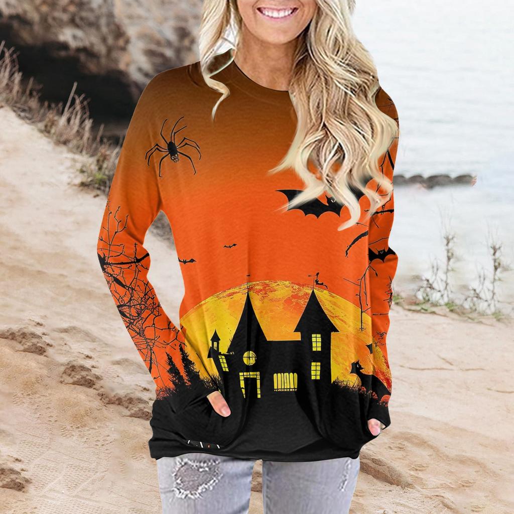 Женская модная повседневная футболка с круглым вырезом и принтом, длинными рукавами и карманами