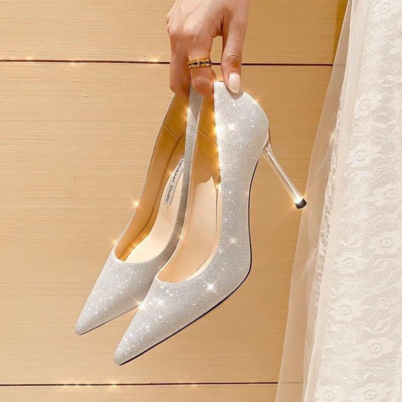 Женская обувь, босоножки на высоком каблуке-шпильке с блестками и острым носком, женские элегантные светские туфли на спине Q42