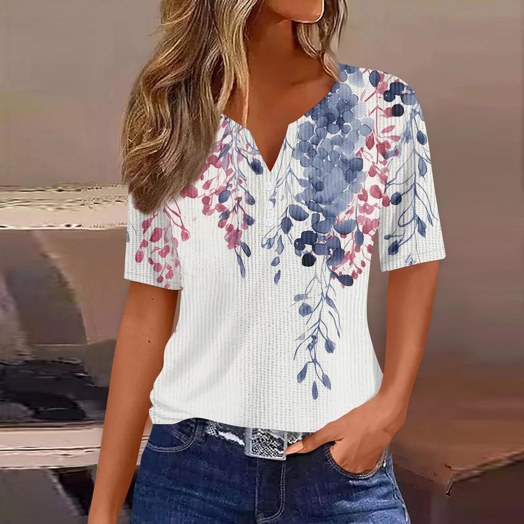 Футболки для женщин, плиссированные, с V-образным вырезом, нарядные, повседневные блузки с принтом, короткие рукава, летние топы, свободный крой