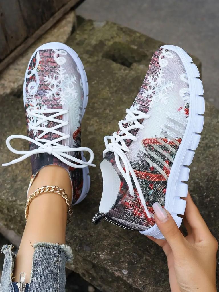 Модные женские кроссовки с принтом и вязанием, осенние новые дышащие сетчатые кроссовки для бега, женские повседневные туфли на плоской подошве, без застежек 20