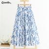 Spring Summer Women High-waisted Blue Floral Printed Skirts Cotton Linen Casual Midi Skirt QT1716