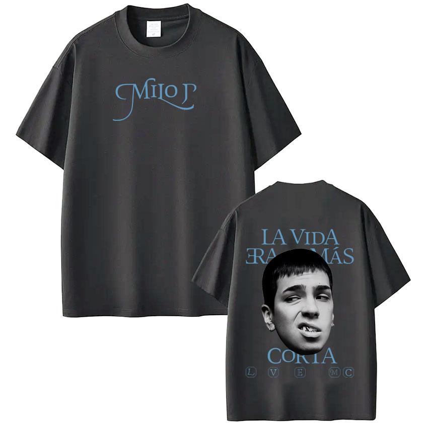 New album graphic Tshirt of rapper Milo J La Vida Era Mas Corta for SpringSummer 2026fashion hiphop cotton shortsleeved top