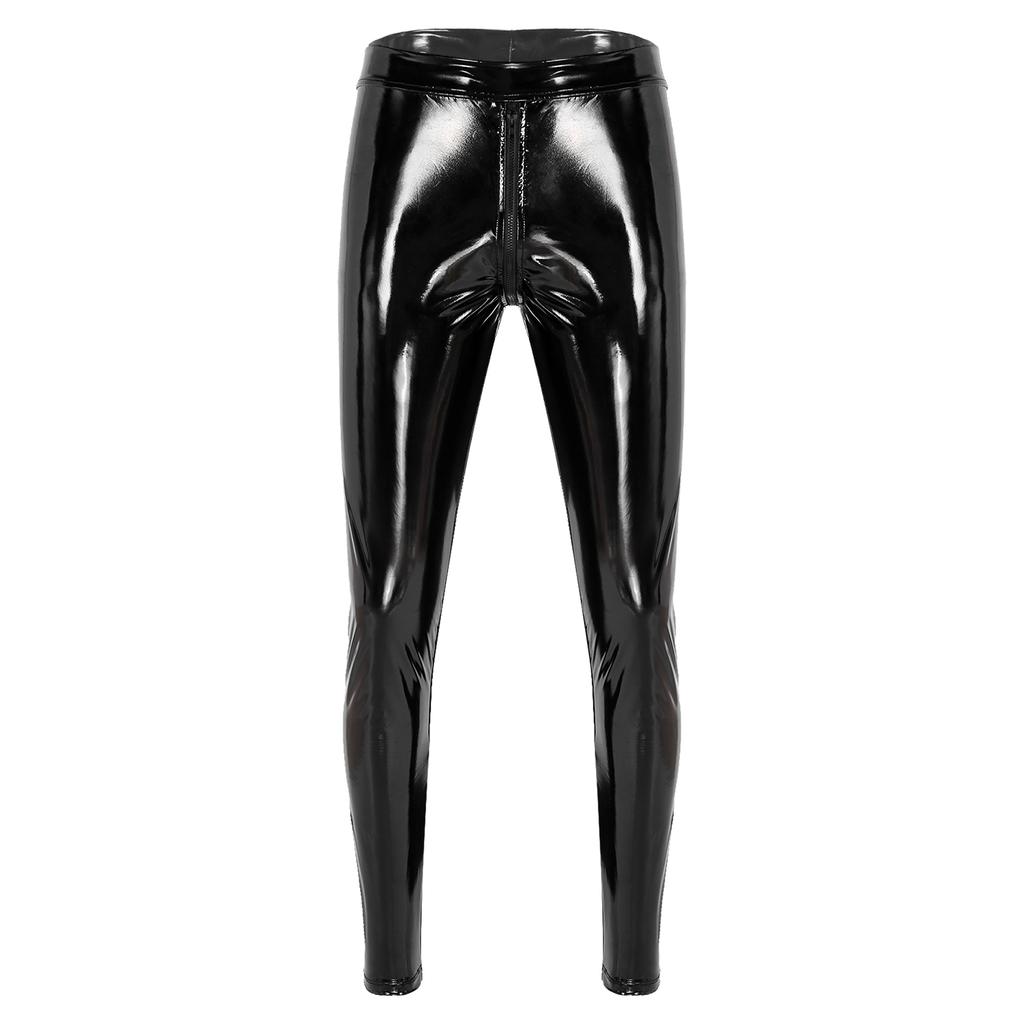 Mens Two Way Zipper Pants Wet Look Patent Leather Skinny Fit Clubwear