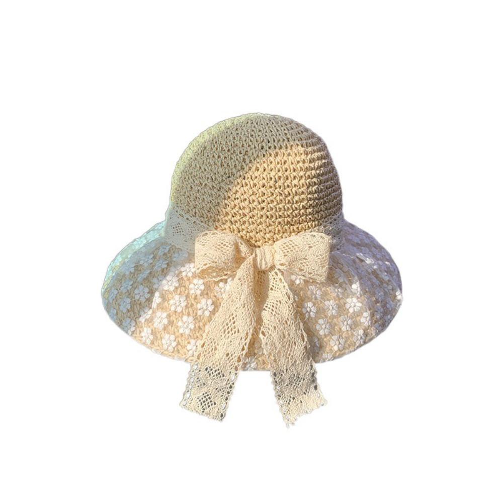 Вязаная шляпа из соломы с бантом, кружевная пляжная шляпа-ведро, элегантная солнцезащитная шляпа, летняя