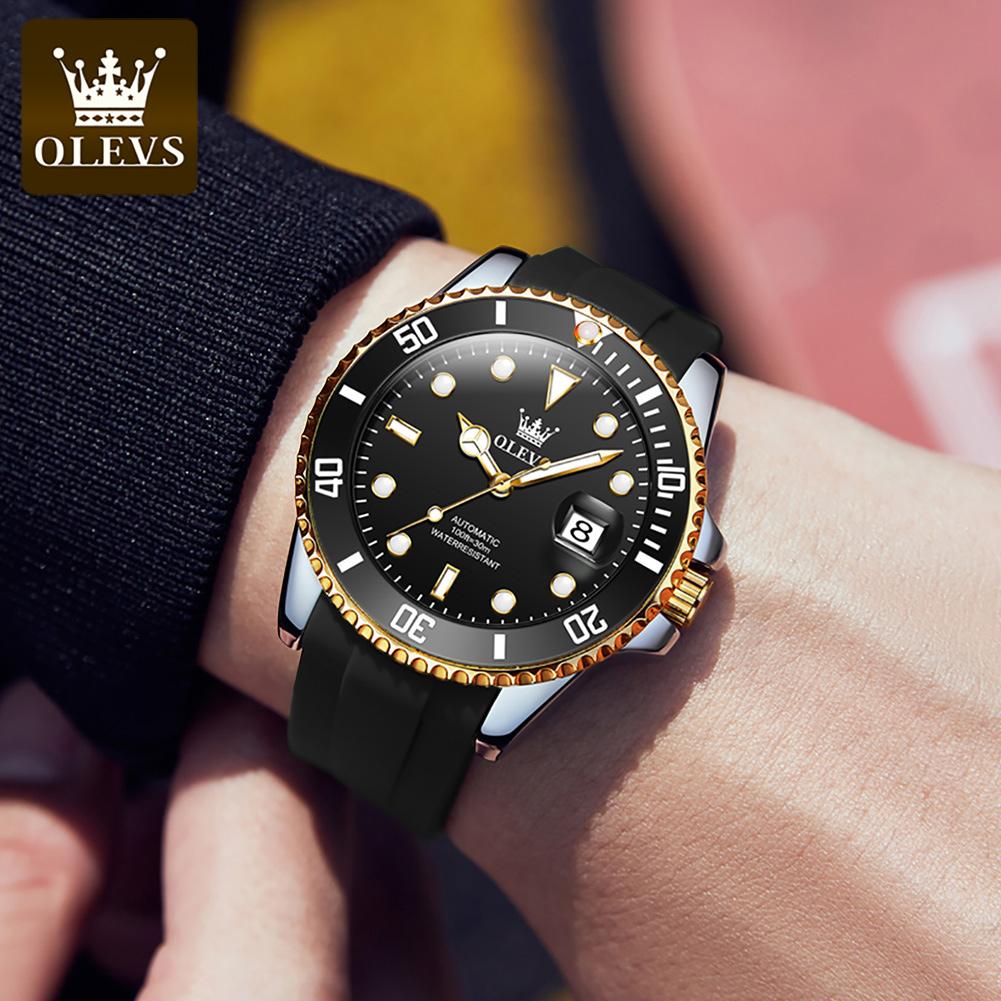 OLEVS 6650 Fashion Mechanical Watch Gift Silicone Watchband Round-dial Wristwatch Calendar Luminous Rotary Lap Waterproof Watch
