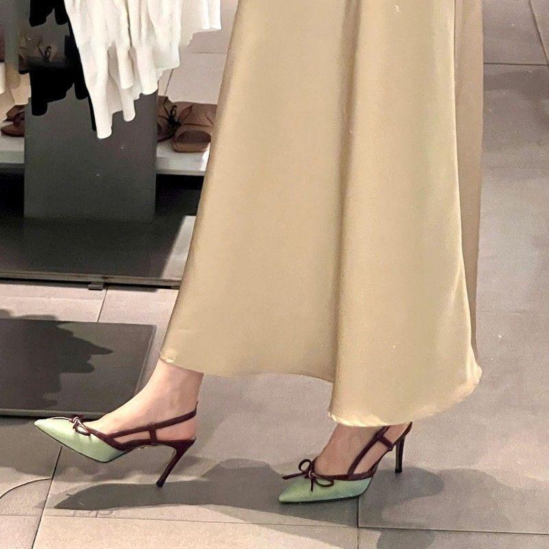 Spring and Summer New Niche Pointed Head Bow High Heel Women's Shoes Fashionable Versatile and Comfortable Bag Head Sandals Women