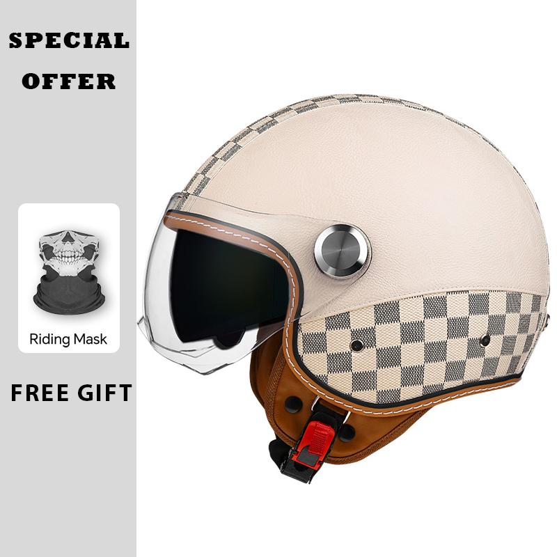 Classic White Green Stripes Open Face Motorcycle Helmets Leather Jet Moto Helmet with Daul Lens Electric Scooter Racing Helmet