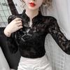 Hollow Vintage Long Sleeve Blouse Women Mesh See Through Sexy Womens Shirts Autumn Womens Mesh Retro Lace Female Shirts 11010
