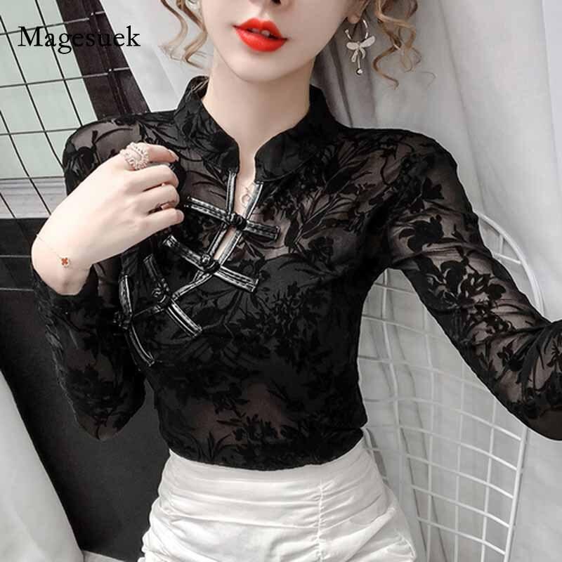 Hollow Vintage Long Sleeve Blouse Women Mesh See Through Sexy Womens Shirts Autumn Womens Mesh Retro Lace Female Shirts 11010