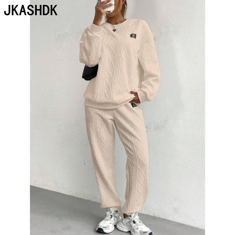JKASHDK Женская мода повседневная весна осень однотонный принт длинный рукав О-образный вырез брюки брюки костюмы