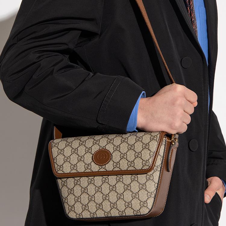 Gucci Interlocking Double G Oval Tag Trapezoidal Leather And Canvas Crossbody Shoulder Bag Men bags 715767-92THG-8563