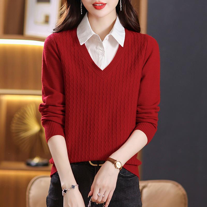 2025 Chic Two-Piece Knit Top with Shirt Collar - Fashionable Spring/Autumn Sweater for Women