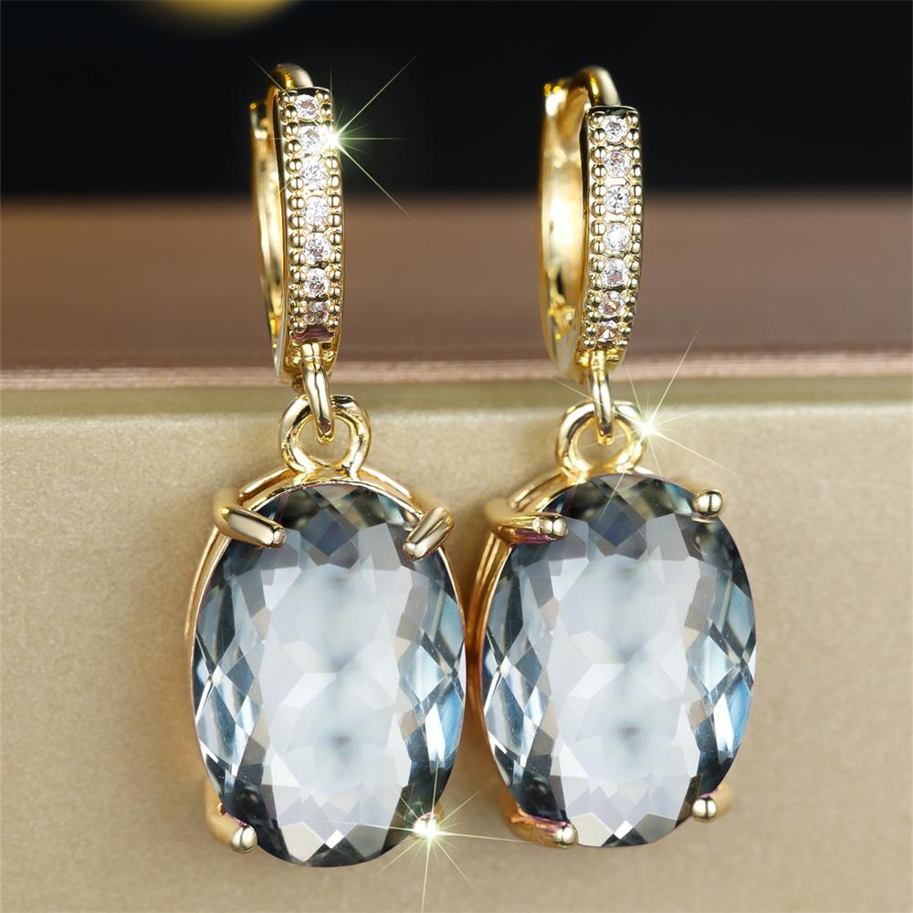 Purple Pink Oval Stone Aqua Blue Zircon Hoop Earrings For Women Vintage Gold Color Ear Buckle Wedding Jewelry Mother's Day Gifts
