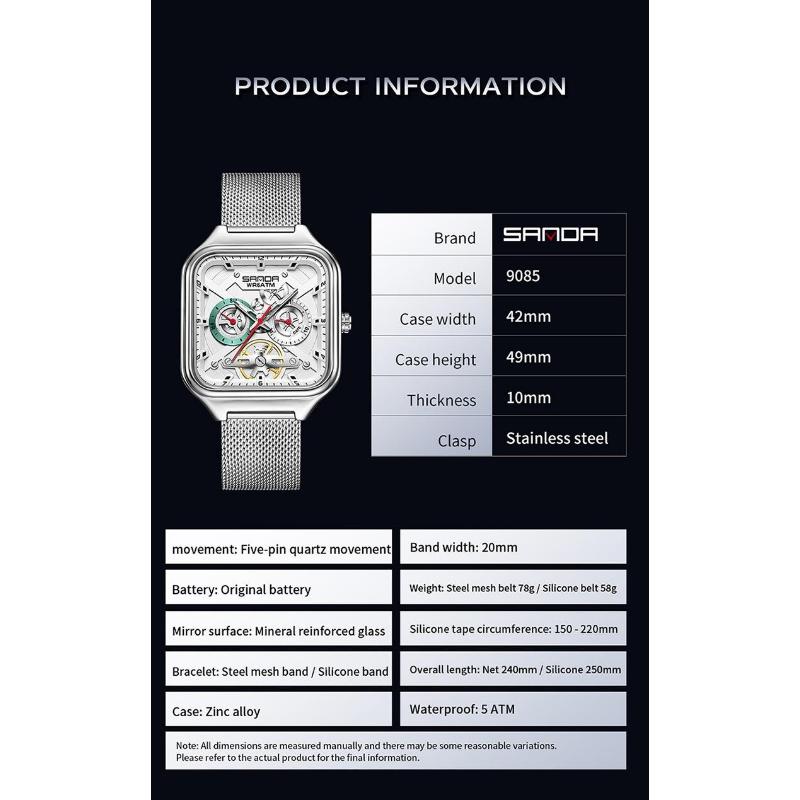 Luxury Men's Quartz Watch Fashion Square Case Week Date Display Waterproof with Silicone/Mesh Band Casual Wristwatch for Men