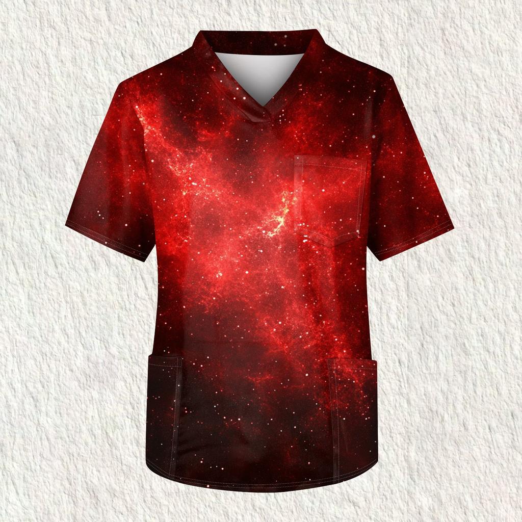 Мужская рабочая блузка с короткими рукавами и v-образным вырезом с принтом, топ с нагрудным карманом