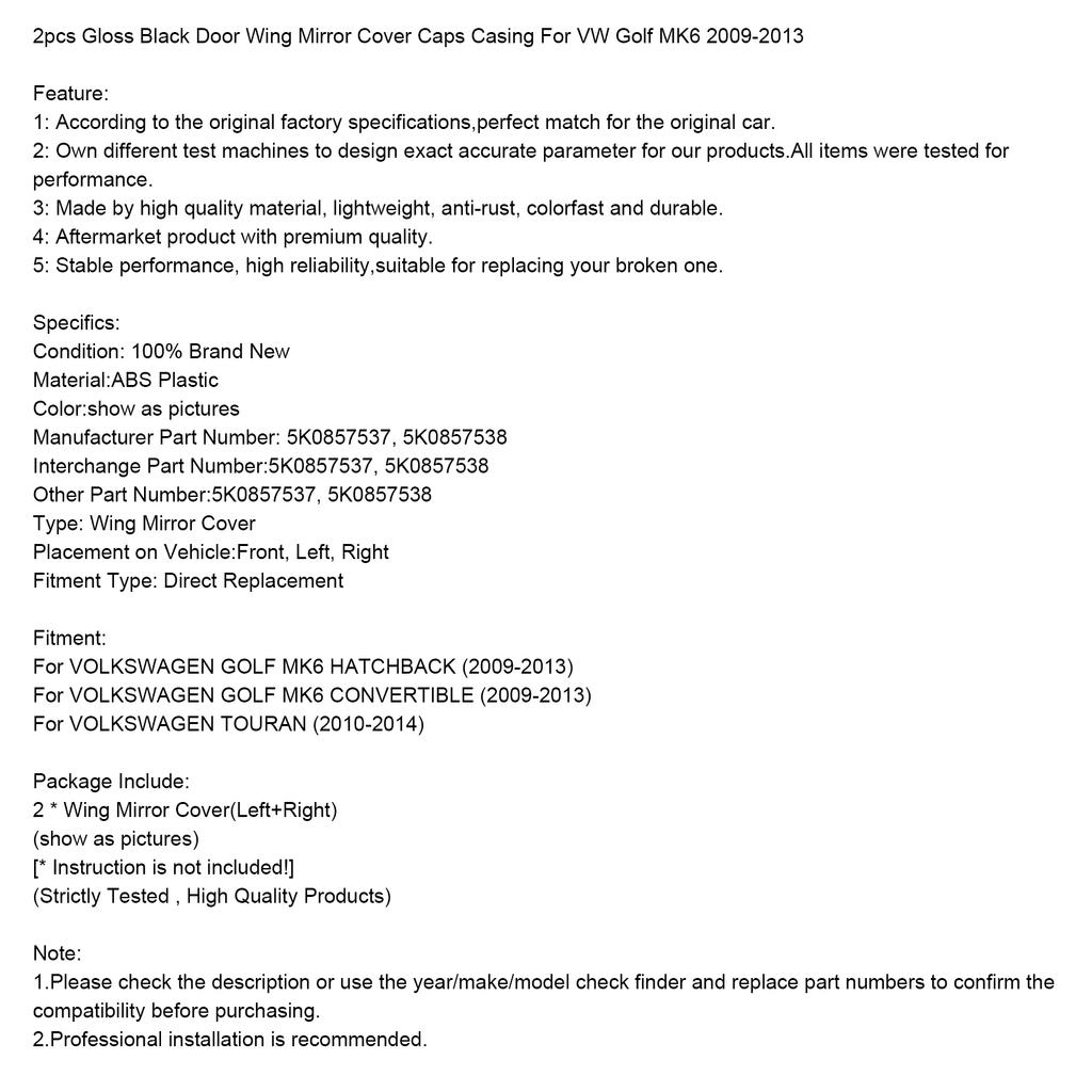 2 шт. Глянцевые черные накладки на зеркала заднего вида для VW Golf MK6 2009-2013