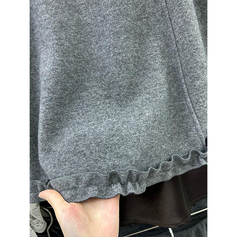 Deep Gray Woolen High Waist A-line Ruffle Skirt for Women - Autumn/Winter Collection