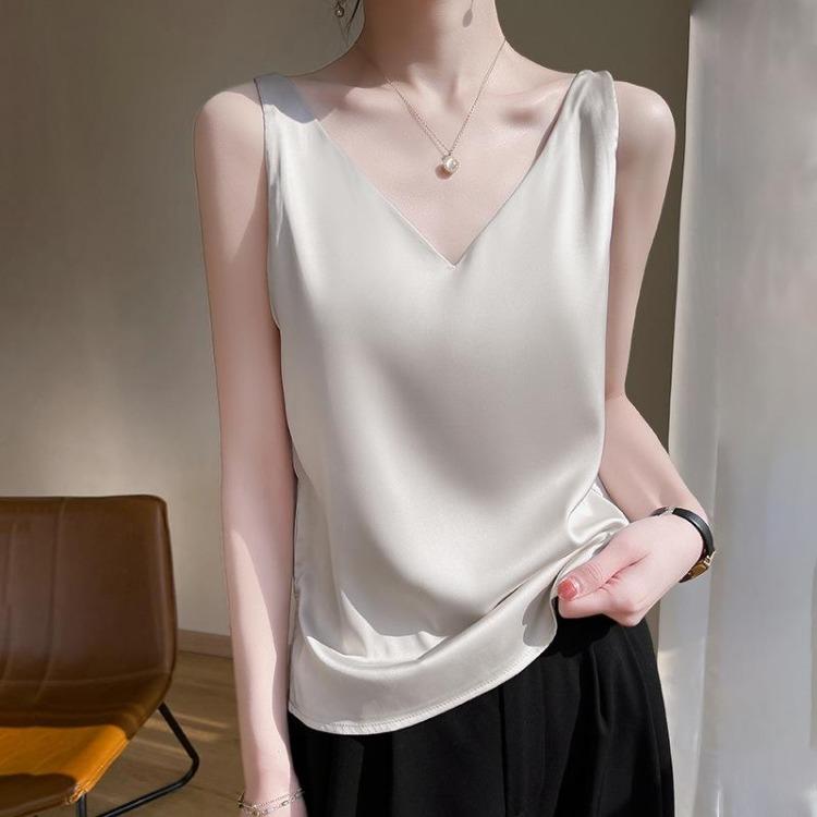 Acetic Acid Satin V Neck Suspender Vest Women Summer Fashionable Versatile Imitation Silk Sleeveless Inner Top New