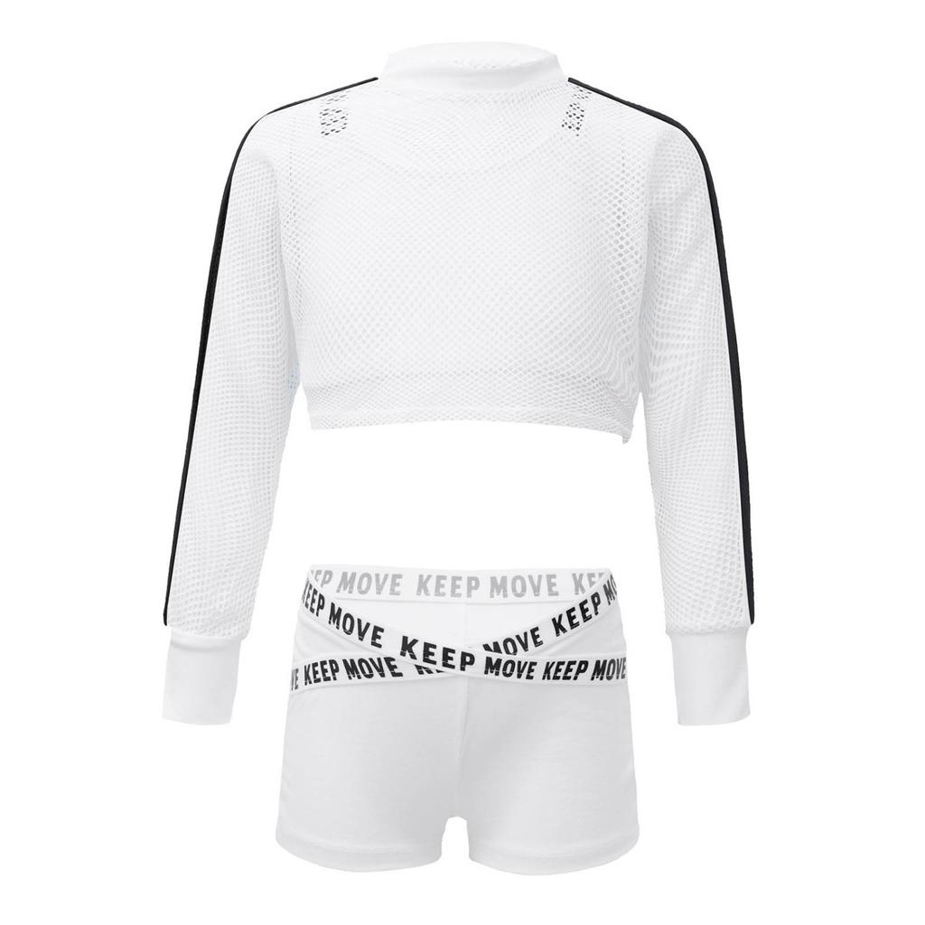 Kids Girls 3Pcs Jazz Hip Hop Dance Outfits Short Net Blouse with Tank Top and Booty Shorts Workout Suit