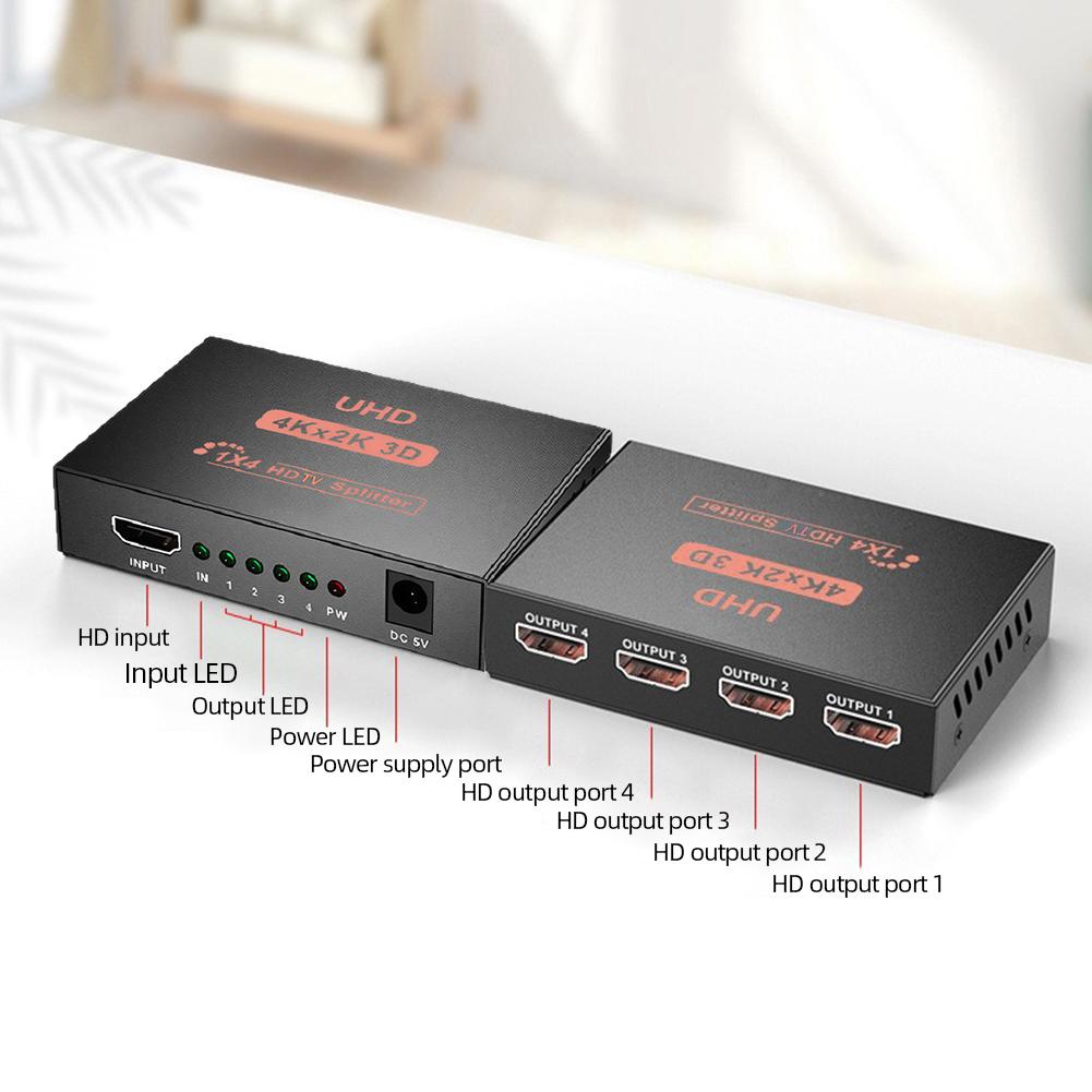 HDMI-разветвитель 1 в 4 выхода UHD 4K x 2K 3D, совместимый с HDMI, с адаптером, двойной дисплей 1080P, для HDTV, DVD, PS3, Xbox
