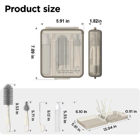 YOTIME Travel Bottle Brush Set, Auto-Open Rack & Vertical Brushs Drying Slots, 3 Brushes, Foldable Drying Rack, Dispenser, Travel Baby Essentials for