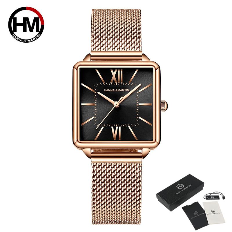 Hannah Martin Женские кварцевые часы Японский кварцевый механизм Зеленый циферблат Квадратные часы Модные наручные часы Женские часы из розового золота для женщин