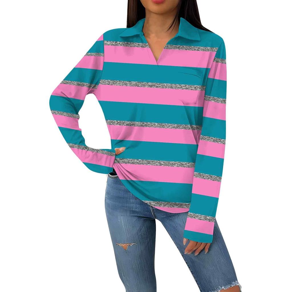Женская модная повседневная футболка с длинным рукавом и V-образным вырезом в полоску с принтом и лацканами
