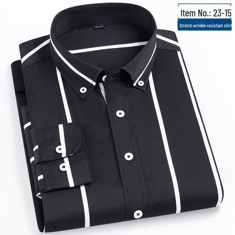 Мужская рубашка 2025 года в полоску, с длинным рукавом, облегающего корейского кроя — повседневная деловая одежда, не требует глажки, удобная.