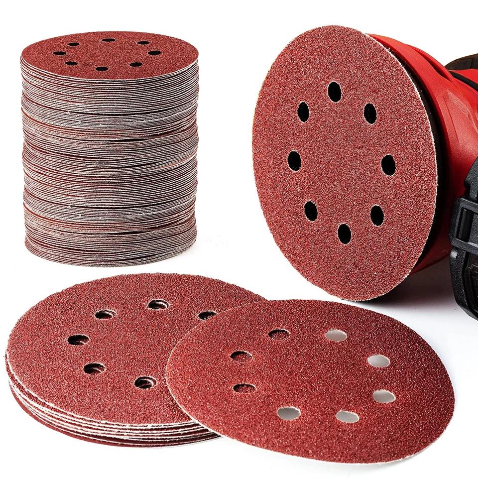 Local Stock Fast Shipping 100pcs 5 Inch 8-Hole Hook Loop Sanding Discs Abrasive Discs for Random Orbital Sander 40-180 Grits