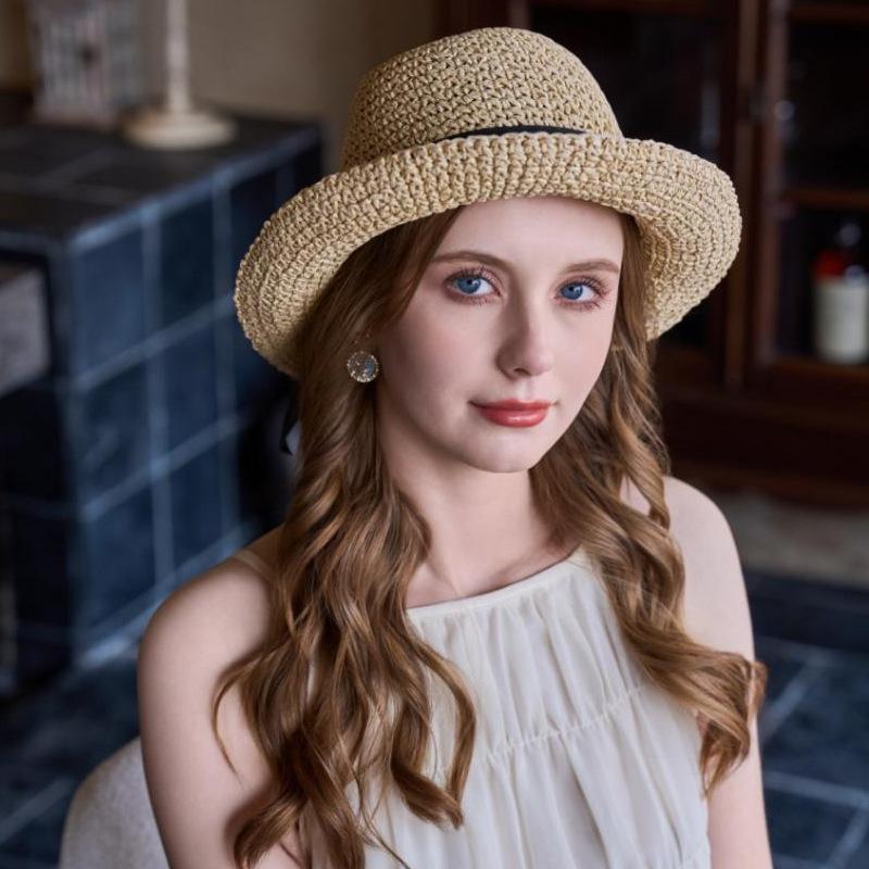 Summer Bow Woven Hollow Breathable Hat Sun Hat Women's Sun Protection Versatile Beach Straw Woven Basin Hat