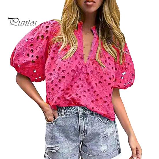 Женская рубашка с воротником-стойкой и V-образным вырезом, коротким рукавом, ажурным вышитым цветочным узором, кружевная блузка, повседневные нарядные топы