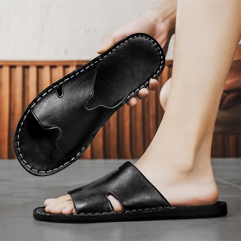 Men Slippers Handmade Simple Flats Sandals Outdoor Summer Brown Black Slide Slippers Open Toe Beach Shoes Plus Size
